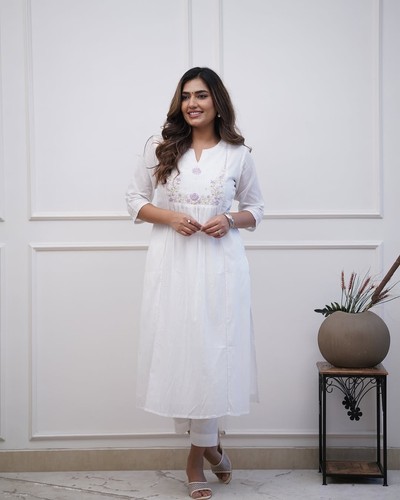 White cotton embroidery kurti - cotton,